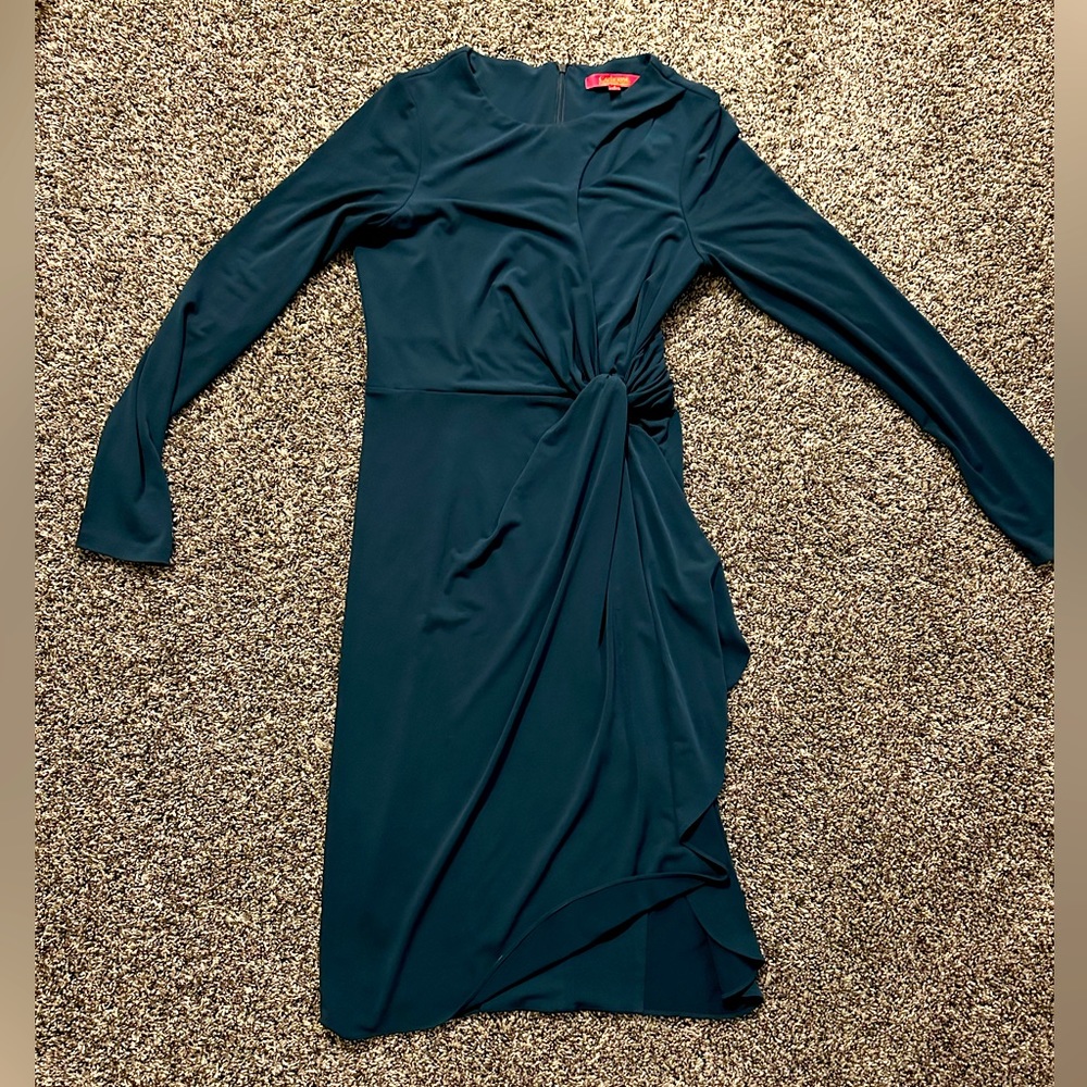 Long Sleeve Professional Teal Dress with Cutout at Neckline Size 8